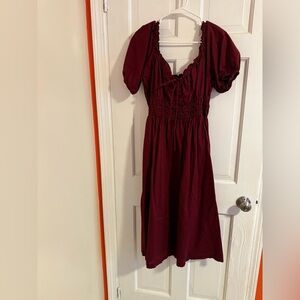 Burgundy Midi Dress with Puff Sleeves